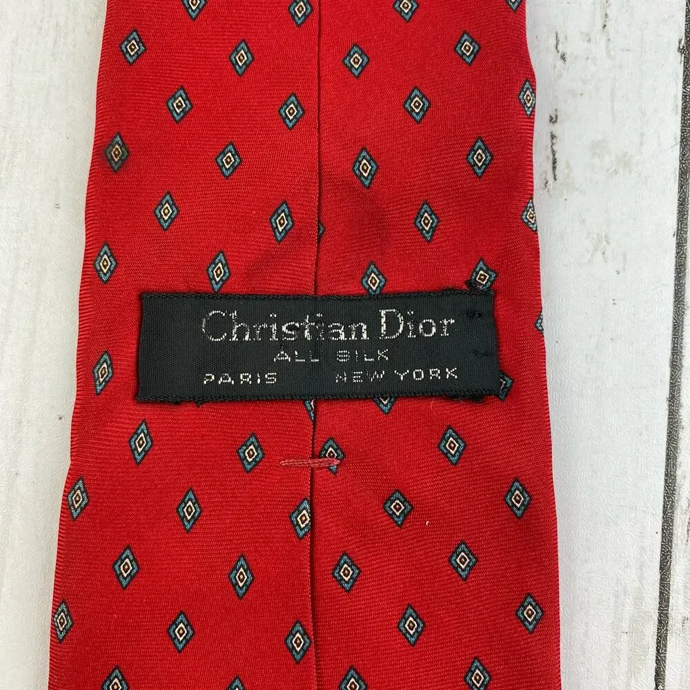 VTG Christian Dior Paris New York Red Silk Diamond Pattern Neck Tie Business